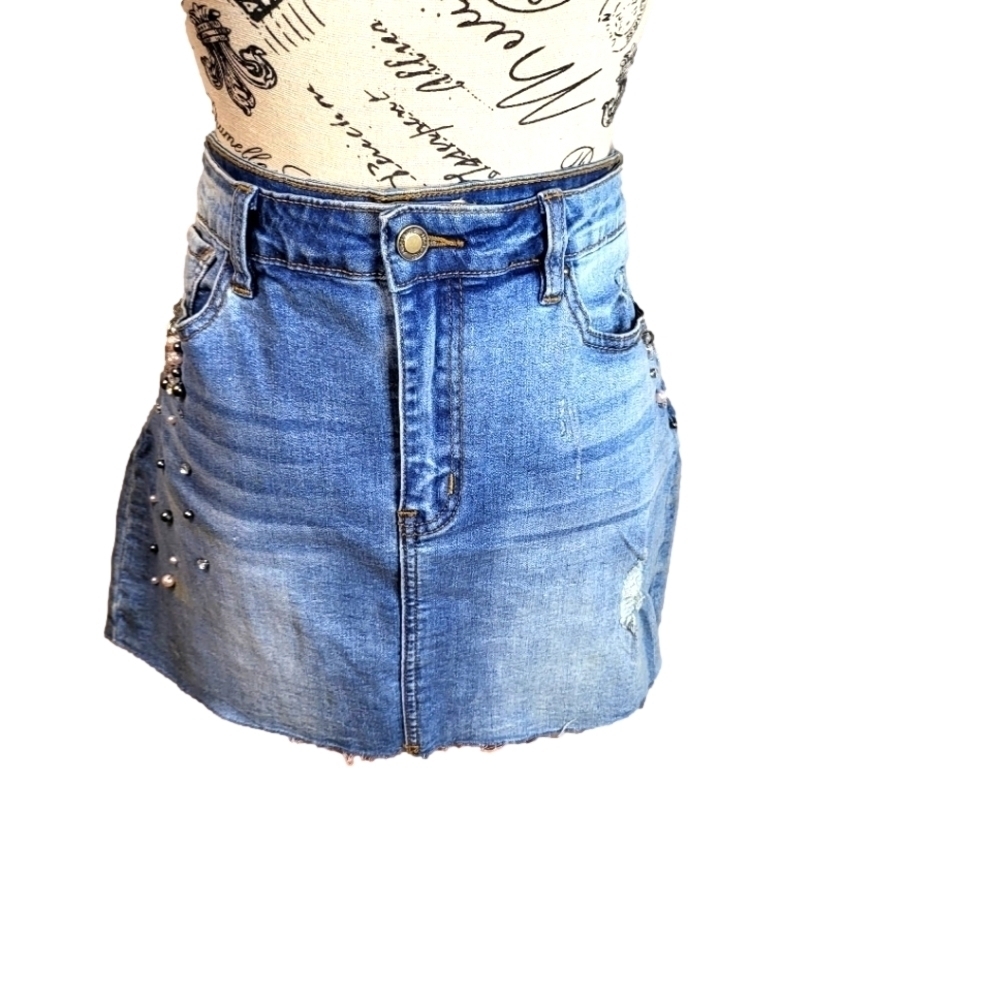Angel Kiss Denim Mini Skirt Large Rhinestone Pearl Embellished